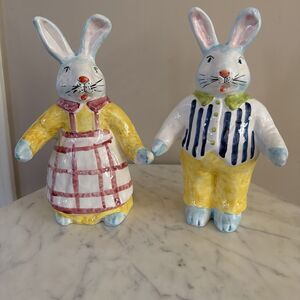 Vintage Hand Painted Mr & Mrs. Easter Bunny Rabbit Ceramic Figurines Italy Pair
